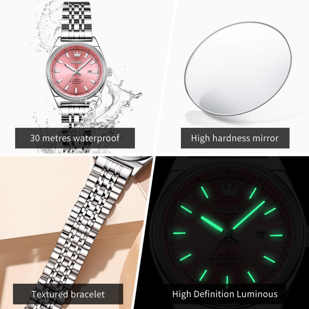 OLEVS Women's Watches Elegant Fashion Stainless Steel Original Brand Quartz Wristwatch for Lady Waterproof Luminous Date Dress