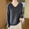Women's V-Neck Cable Knit 100% Wool Sweater - Autumn/Winter, Solid Color, Loose Fit, Long Sleeve, Cozy Cashmere Layer