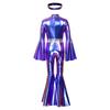 Girls Metallic Disco Jumpsuit Split Flare Legs Long Bell Sleeves Mock Neck Back Invisible Zipper Bodysuit with Matching Headband for Theme Party