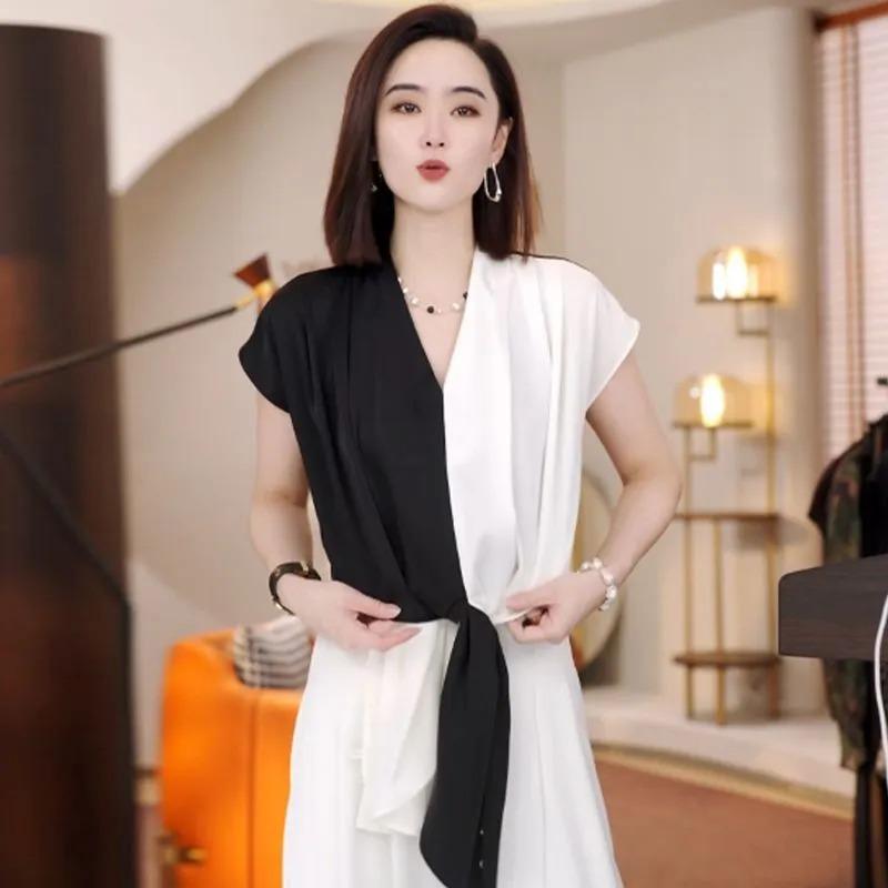 Light Luxury Style Design Color Block V-neck Shirt for Women Summer Thin Elegant Unique Unique Beautiful Top Trend