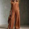 Sleeveless Wide Leg Jumpsuit for Women with Button Down Front and Side Pocket Loose Fit Casual Overalls Romper