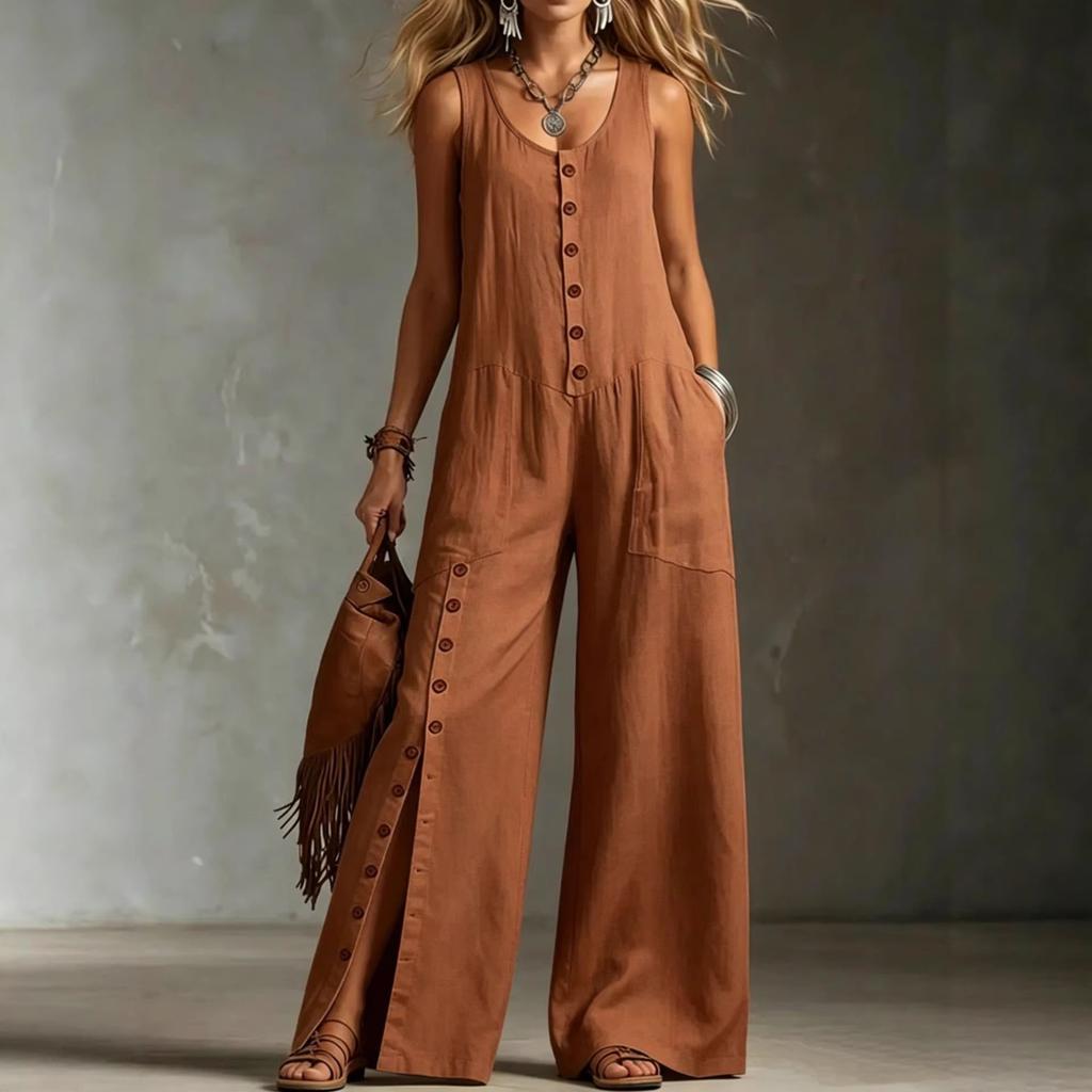 Sleeveless Wide Leg Jumpsuit for Women with Button Down Front and Side Pocket Loose Fit Casual Overalls Romper