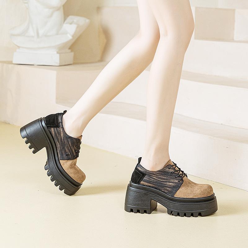 Korean Version of Derby Shoes Women's Shoes Spring 2025 New Round Head Platform Casual Shoes Women's High Heel Increased by 8.5 Cm