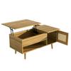 Eleganter Couchtisch mit hochklappbarer Tischplatte und Rattantüren, Holzfarbe mit schwarzen Akzenten, ideal für das Wohnzimmer