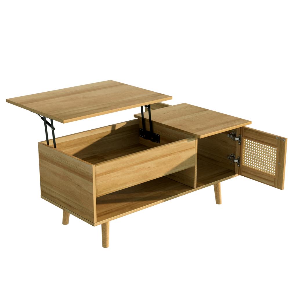 Eleganter Couchtisch mit hochklappbarer Tischplatte und Rattantüren, Holzfarbe mit schwarzen Akzenten, ideal für das Wohnzimmer