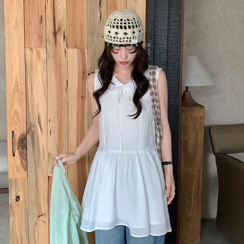 

Thirteen Rows Sleeveless Lapel Casual Spring Dress for Women – Versatile Korean Style One Size белый