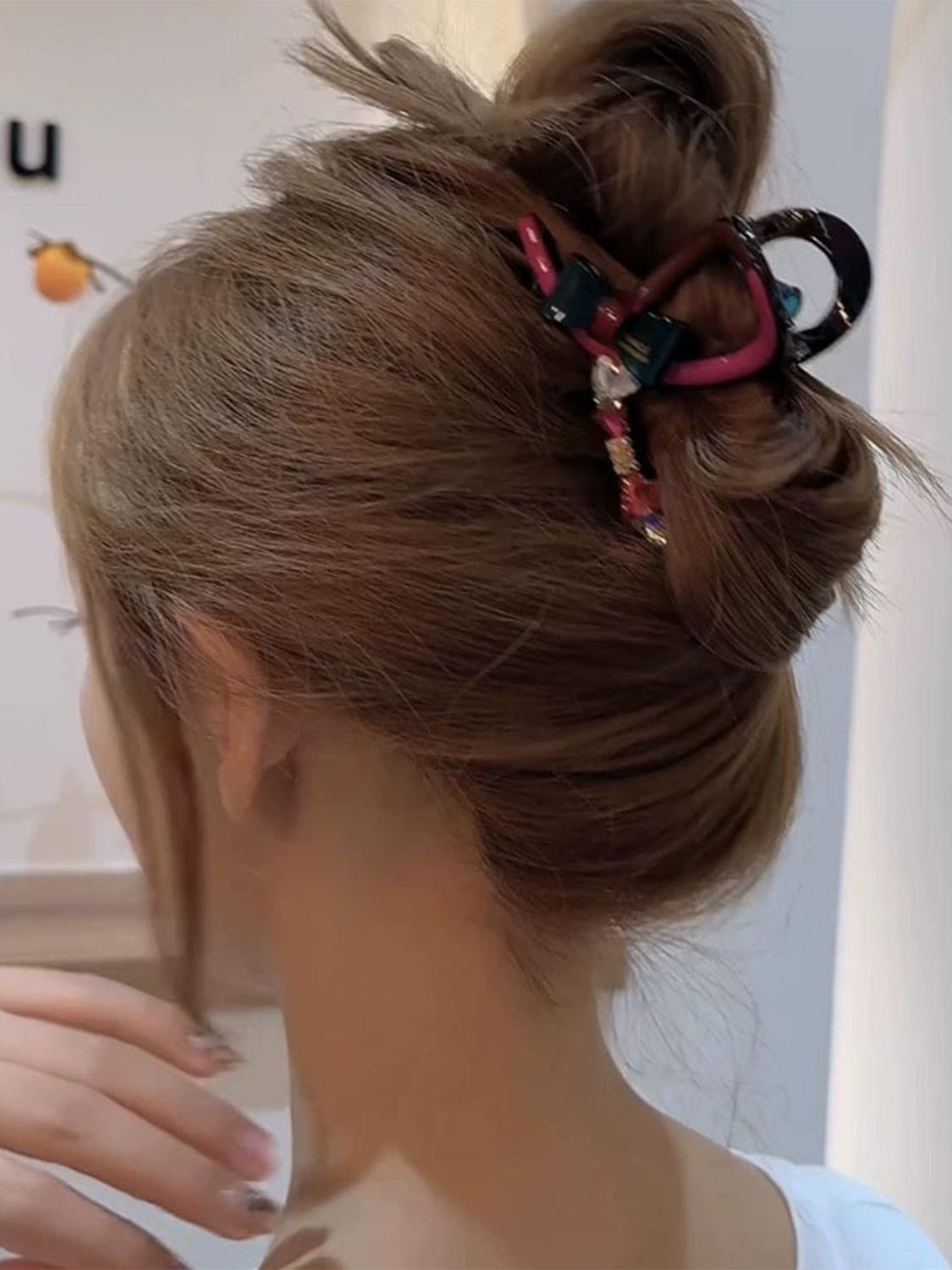 

1 шт. Новая заколка-краб для волос цвета фуксии в стиле color clash с капельным маслом, премиальный кристалл, бант из ацетата