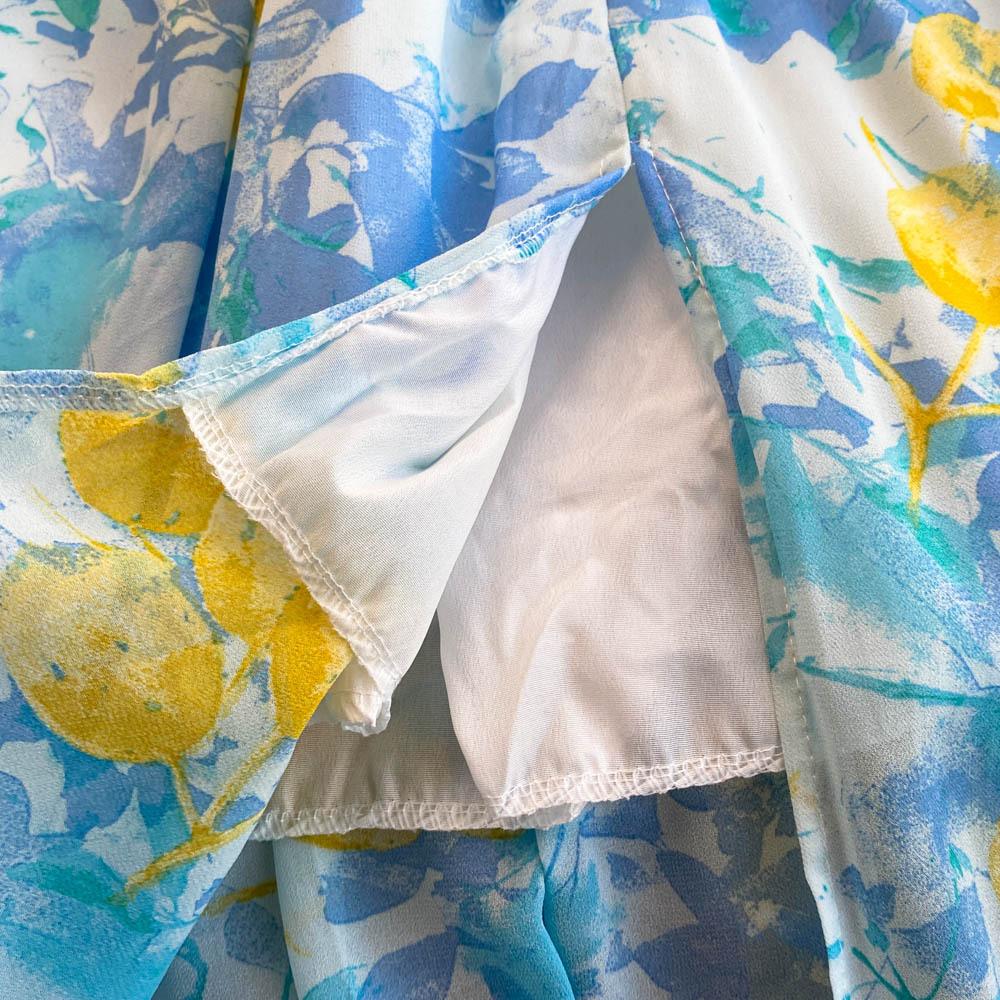 V-neck Puffed Sleeves Cinched Waist Dress Slimming Women's Dress Knee-length Slit Printed Dress