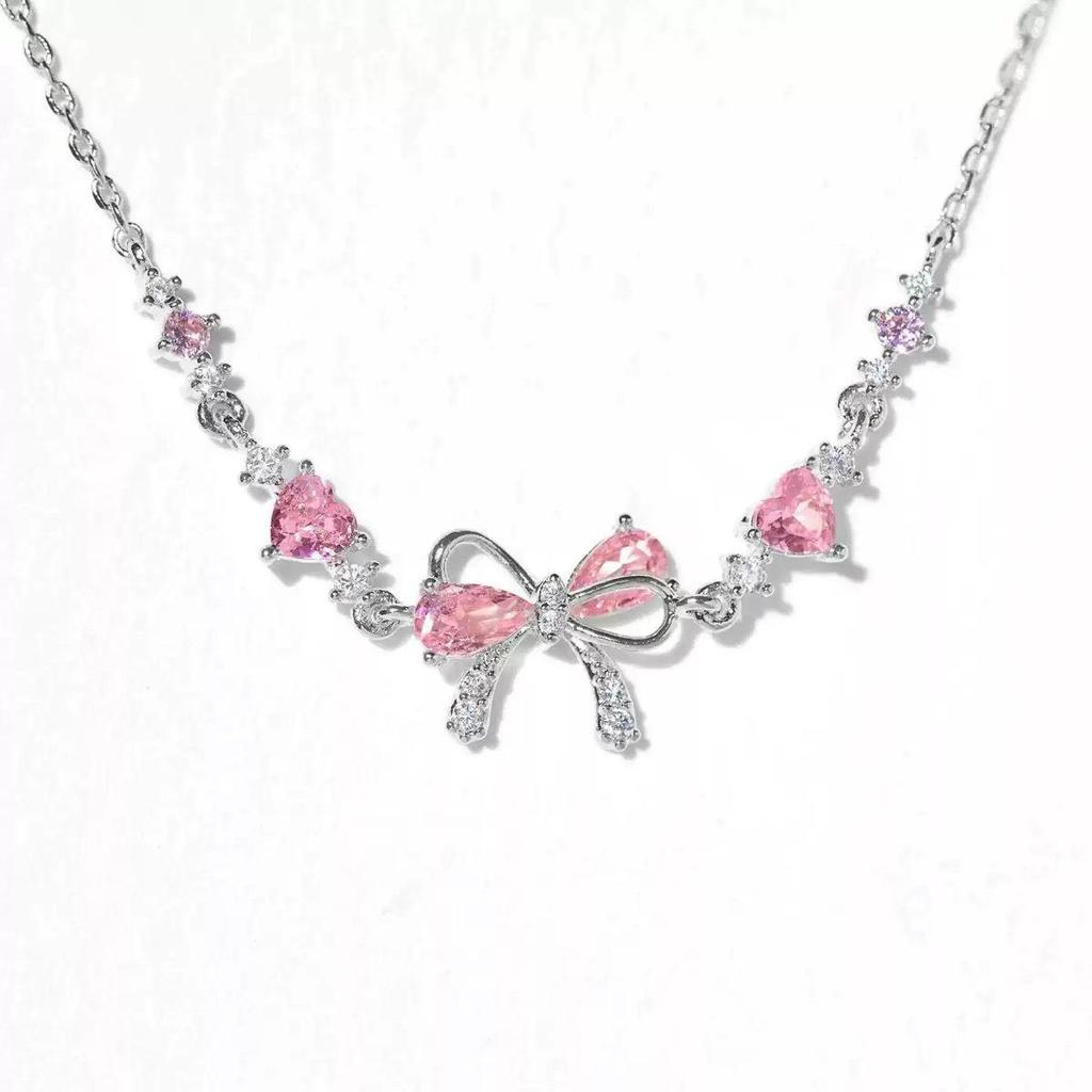 Women's Pink Zircon Heart Bracelet - Elegant Diamond Bow Design, Cute & Sweet Gift for Girlfriend