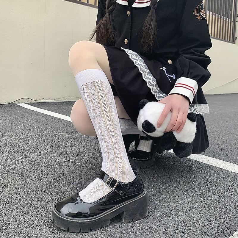 Japanese Lace Stockings Children Thin Mid-Calf Length SocksinsTrendy Hollow Heart Jacquard White Calf Socks Mesh Stockings Stude
