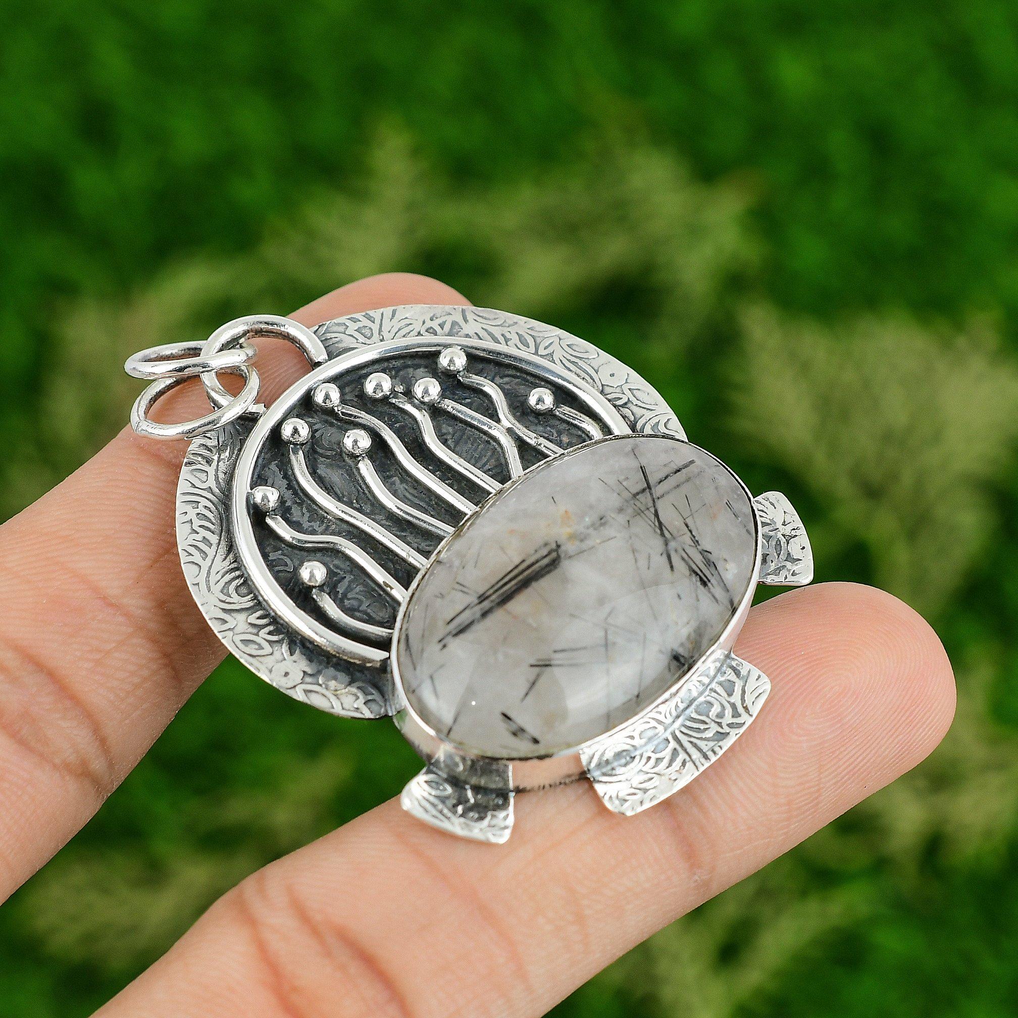 

Daughters Day Sale 925 Sterling Silver Oval Black Rutilated Quartz Stone Pendant