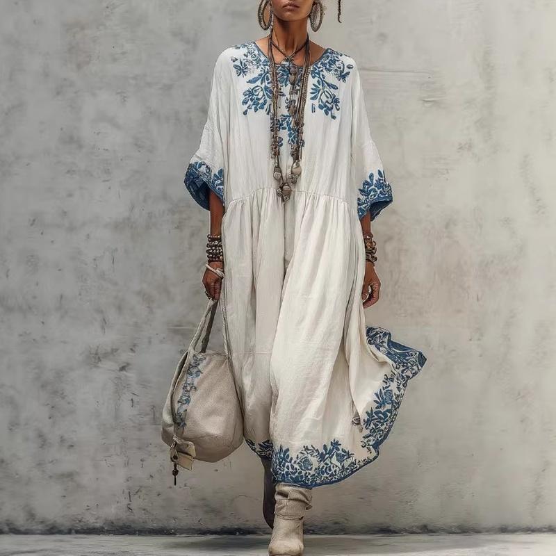 Robe Longue Maxi Style Européen d'Été pour Femmes Coupe Ample Mode Élégante Col Rond Imprimée