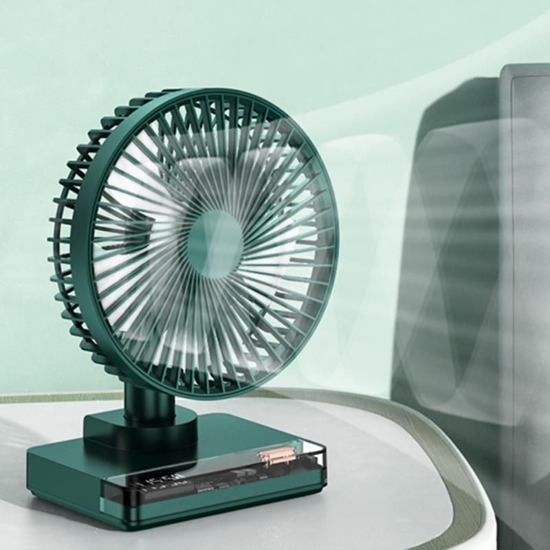 Desktop Clock Fan 90 Egree Shaking Head Height Wind Speed Adjustable 3600mAh Type-C Chargeable Light Portable Fan
