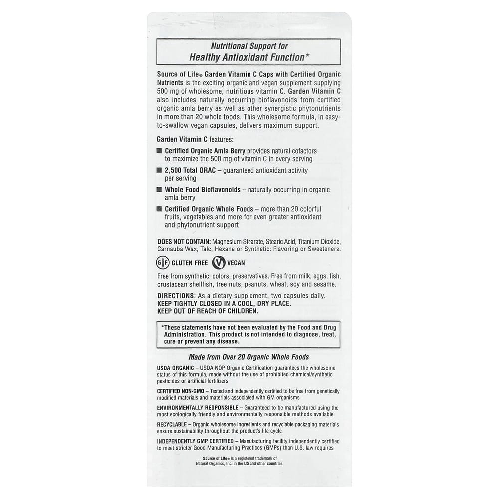 Nature's Plus Source of Life Garden Zertifiziertes Bio-Vitamin C, 60 pflanzliche Kapseln