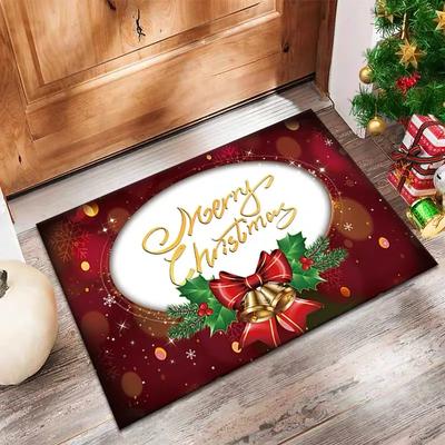 VIKAMA Xmas Front Door Mat Festive Bell Bow Holly Letter Print Non Slip Floor Mat For Indoor Outdoor Entry Xmas Decor