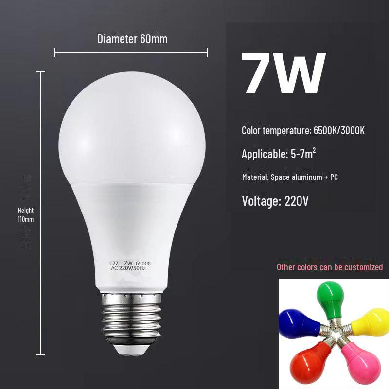 Energy-efficient LED bulb with linear constant current, plastic-coated aluminum design, suitable for household use with E27 screw base.