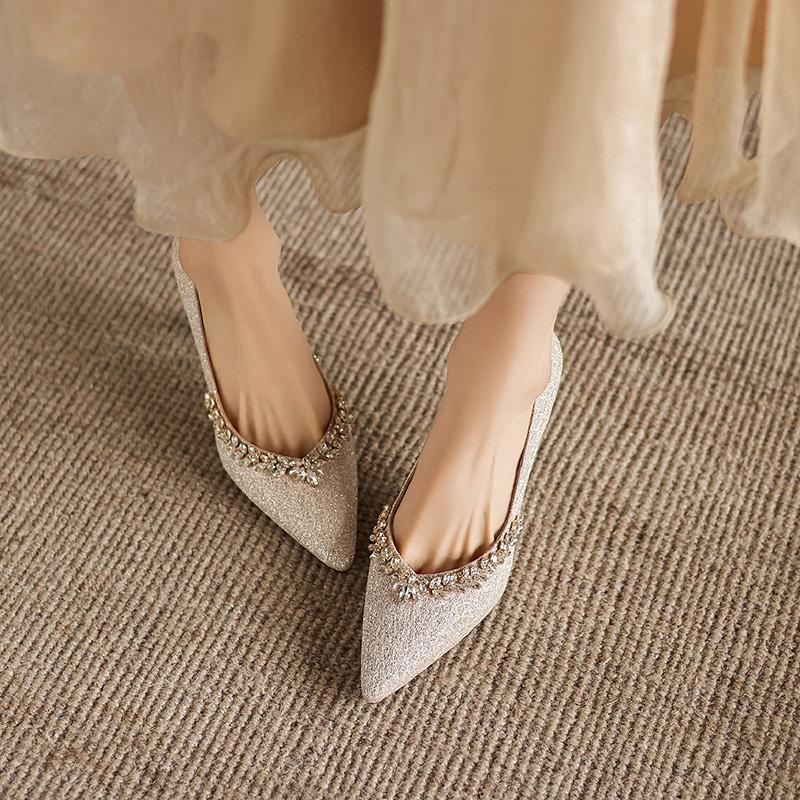 Sheepskin bottom glitter rhinestone pointed high heels, slim heels, banquet dress shoes
