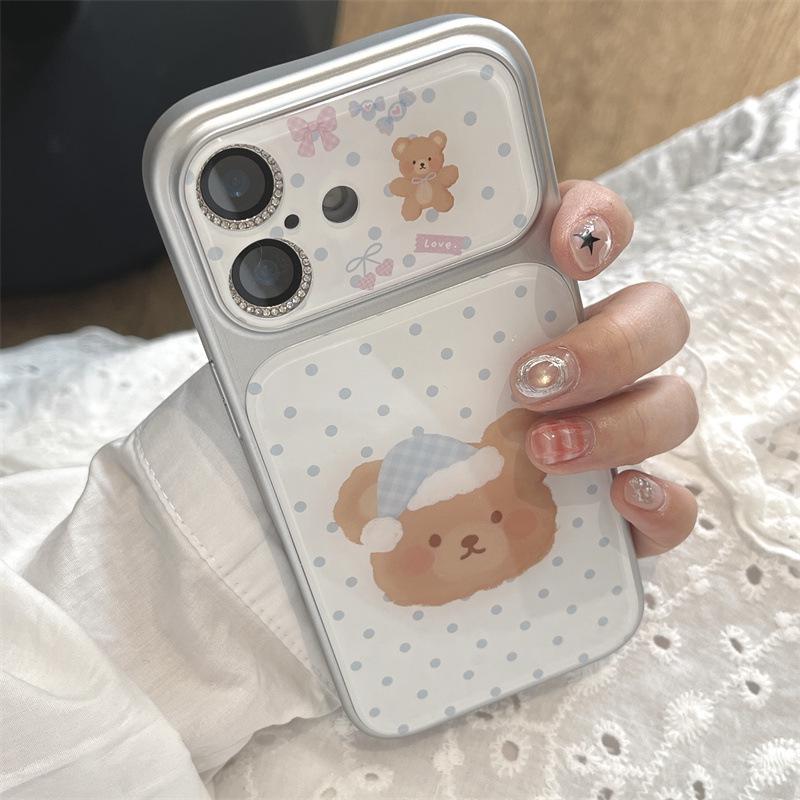 High-End iPhone Case for Apple 16 Pro Max/15/14 with Cute Blue Polka Dot Bear Sleepy Hat Design
