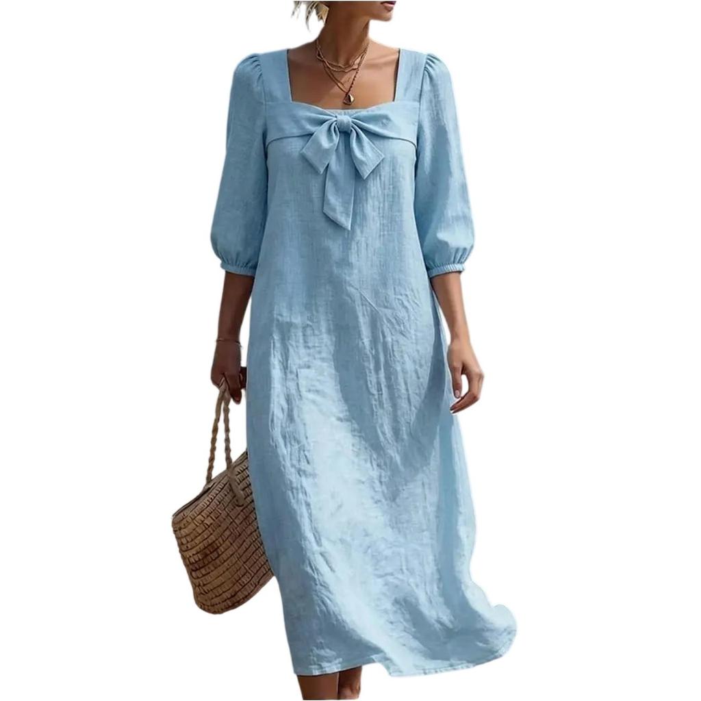 Abito midi casual da donna a vestibilità larga con maniche a sbuffo, scollo quadrato frontale e tessuto leggero