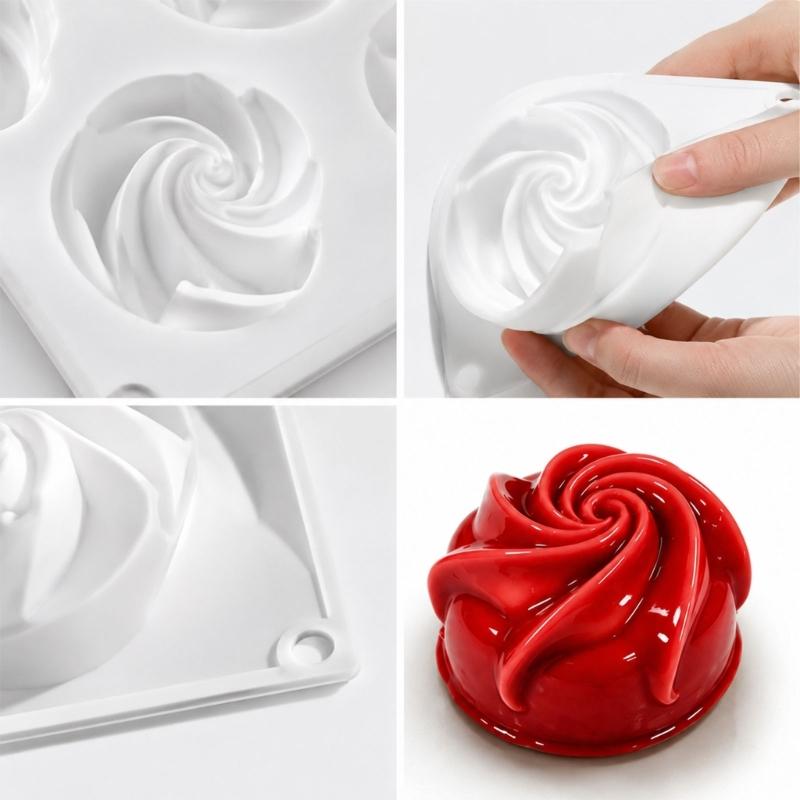 Helical Flower Dessert Molds 6 Cavity Rose Silicone Tray for Mousse Jellies and Chocolate with Flexible Smooth Release Design for Home Baking Projects