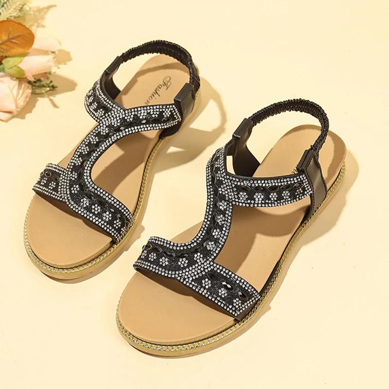 Fashion Shiny Crystal Rome Sandals Women Summer 2025 T-Strap Non-Slip Sandalias Mujer Comfort Flat Heels Non-Slip Beach Shoes Sandals