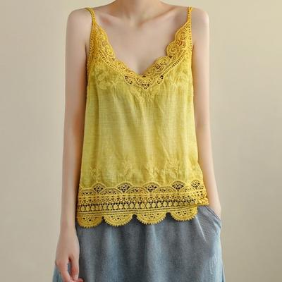 Summer Women's Hollowed Flower Embroidered Cotton Linen Tops Casual Summer V-Neck Loose Fit Camisole Women Streetwear