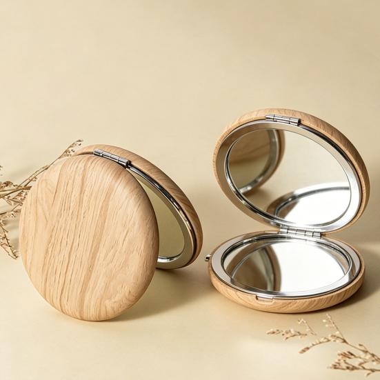Wooden Grain Handheld Makeup Mirror, Portable Travel Double-sided Vanity Mirror, High Clarity Pocket Cosmetic Mirror for Women Girls