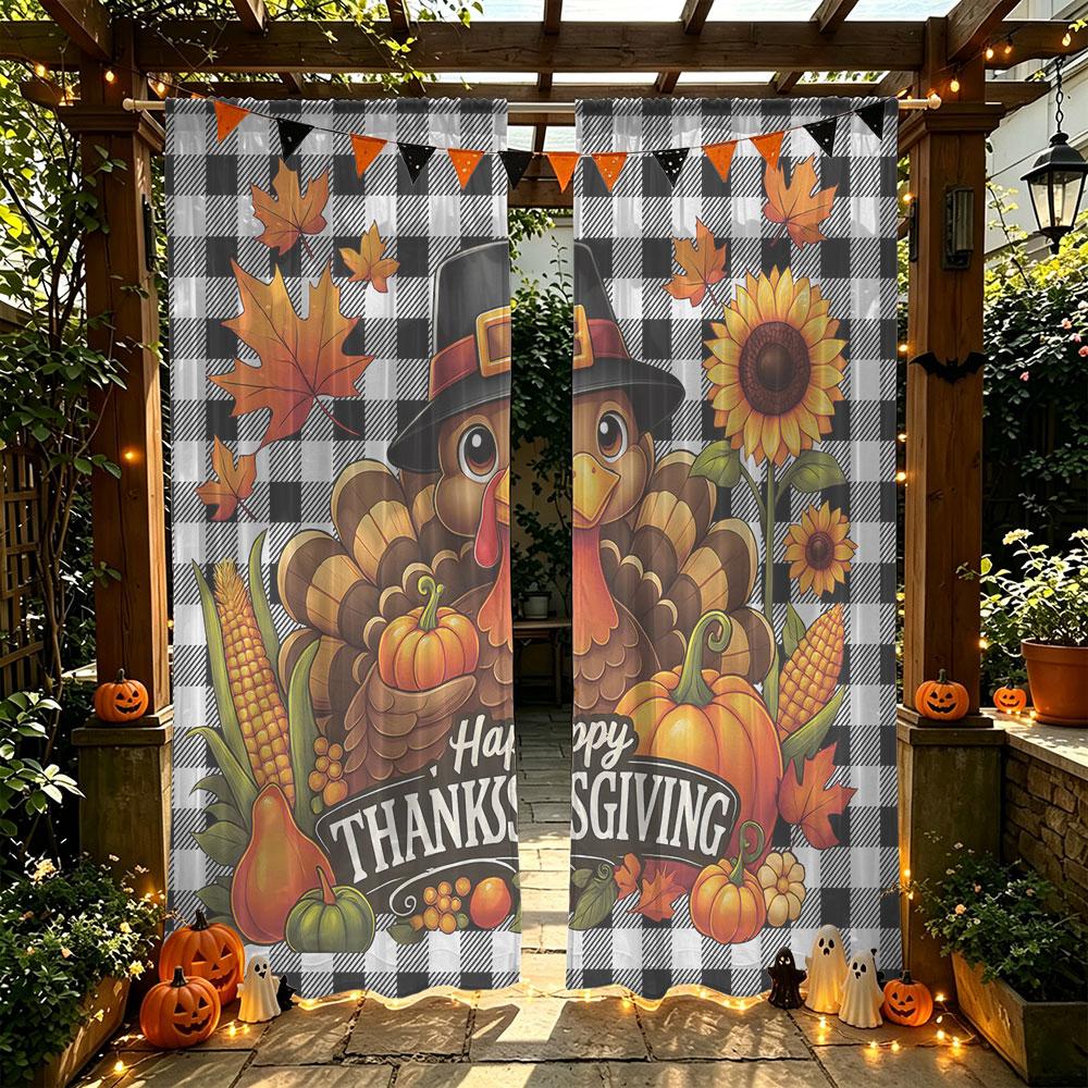 2Pcs Thanksgiving Turkey Pumpkin Maple Leaf Rod Pocket Curtains Double Panel Window Curtain Autumn Harvest Home Decor Living