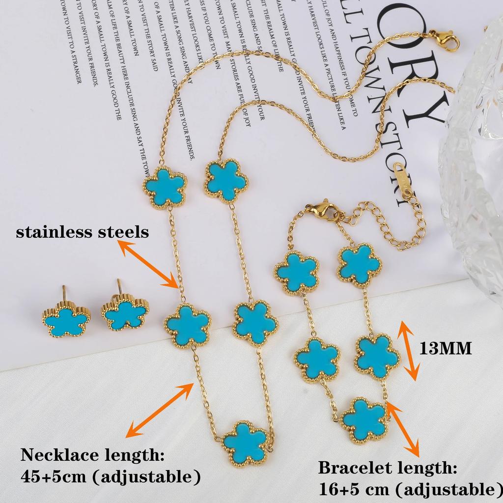 Hot Sale 3Pcs Stainless Steel 18k Gold-Plated Five-Leaf Flower Necklace Earrings Bracelet Zircon Set For Woman Zircon Clover