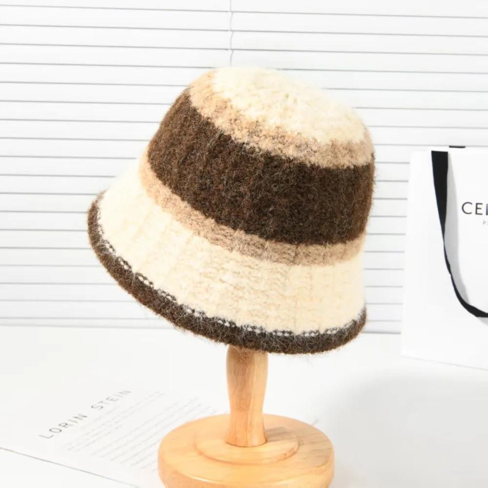 Fashion Wide-Striped Knitted Bucket Hat Versatile Cold-Proof Fisherman Hat Large Head Circumference Warm Basin Hat Outdoor