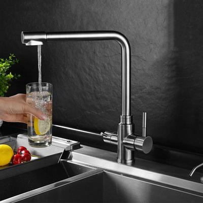 Nickel Trinkwasser gefiltert Küchenarmatur 360° Drehung Hohe Armatur Deckmontiert Doppelgriff Warm und Kalt Küchenmischbatterien
