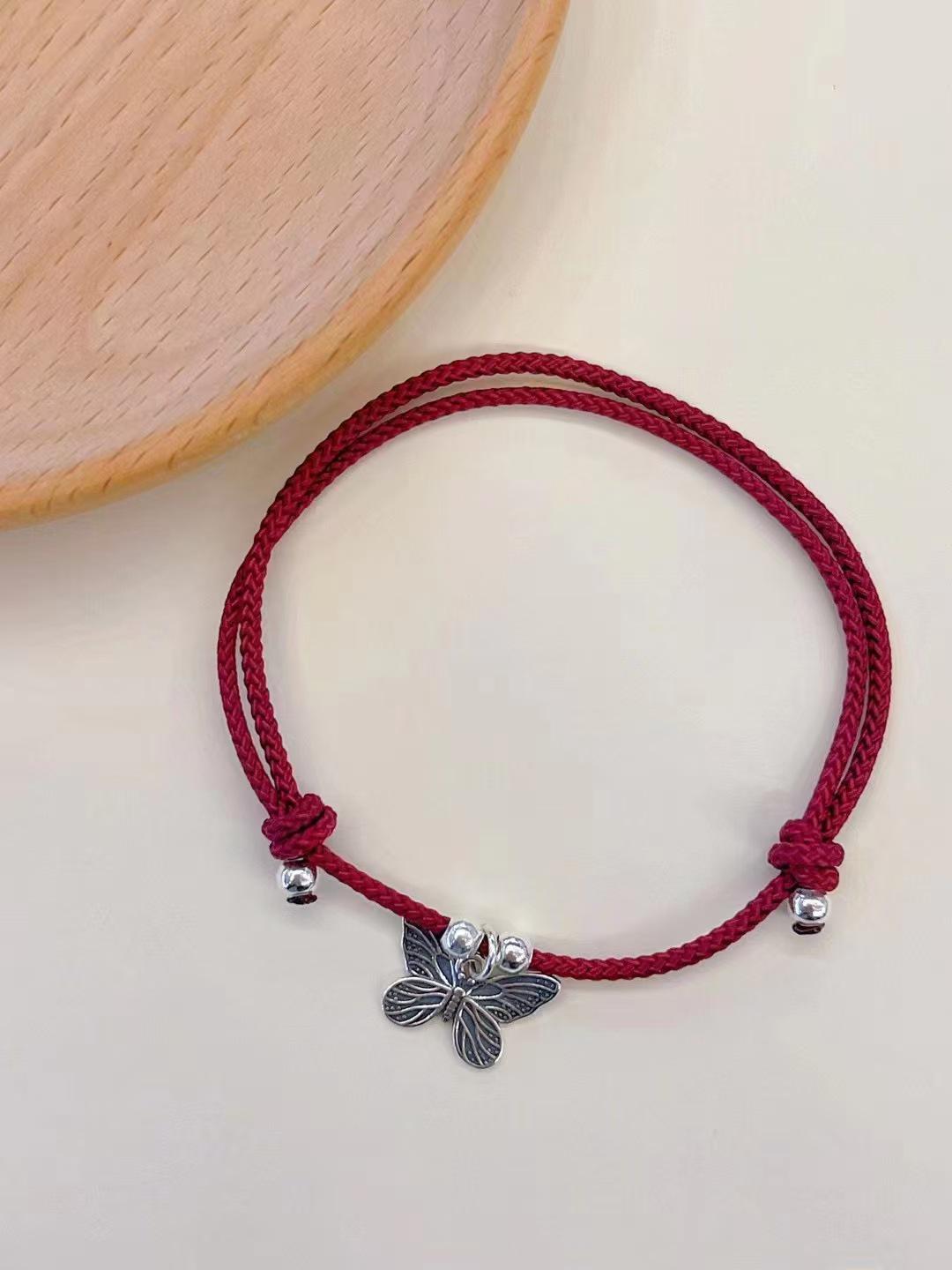 Zodiac Year Sterling Silver Red String Bracelet with Butterfly, Luck Beads, and Small Bell - Simple Couple Style.