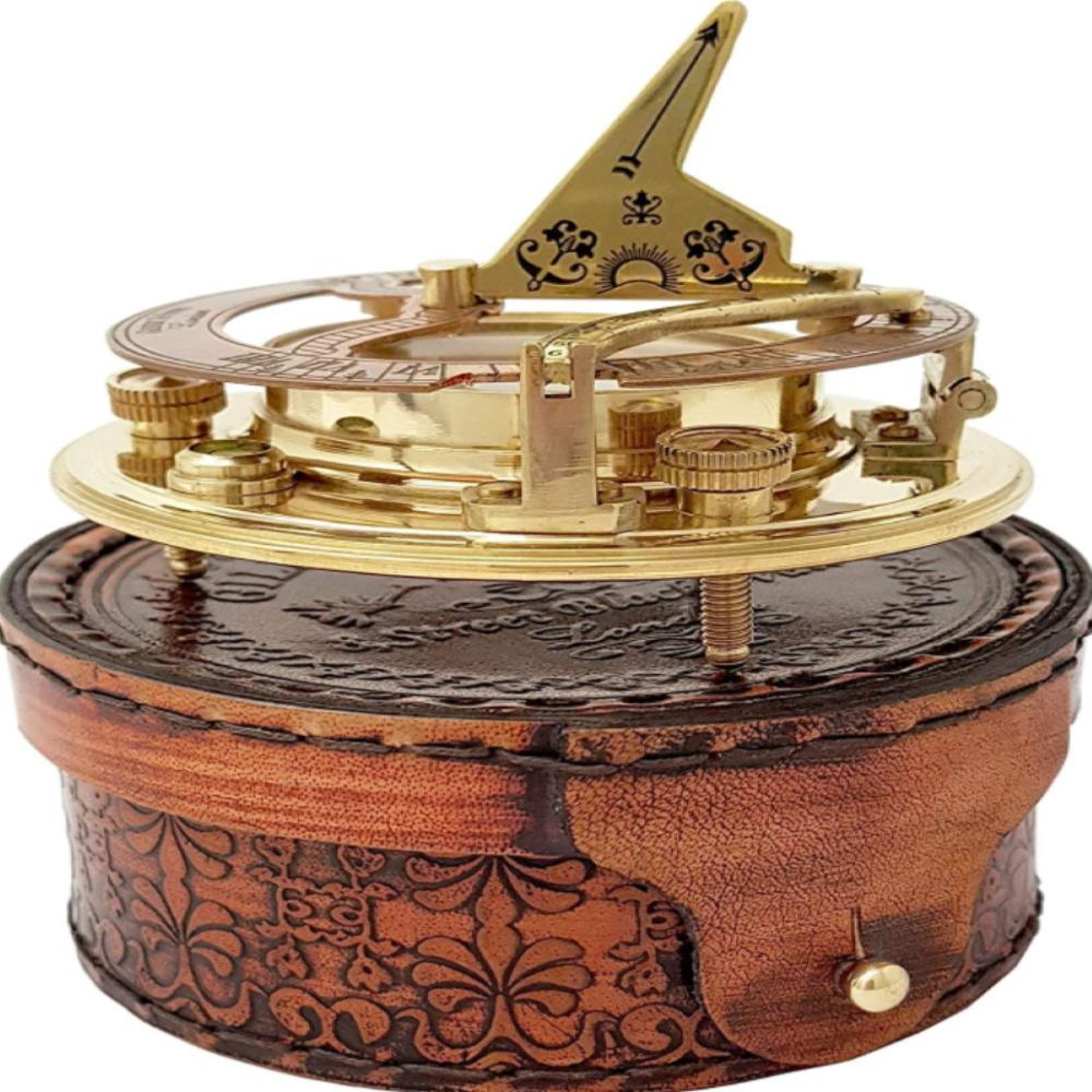 Busolă din alamă antică cu cadran solar cu carcasă din piele – 10,16 cm