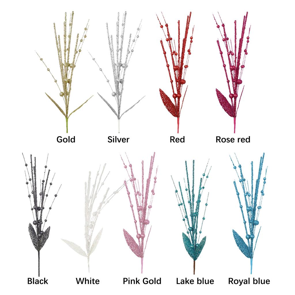 60cm 6 Prong Artificial Glitter Berry Stem with 2 Leaves Xmas Glitter Pick for Home Decor Table Centerpieces White