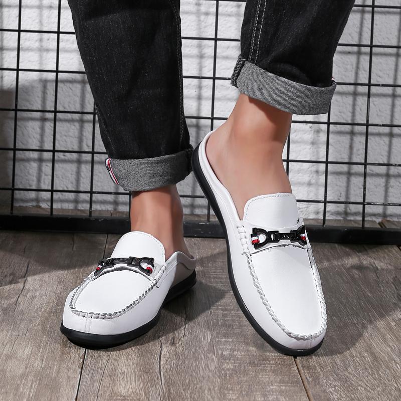 Fashion Genuine Leather Mens Slip on Shoes Fashion Men Half Loafers Slides Breathable Mules for Man Flats New Breathable Dress Shoes