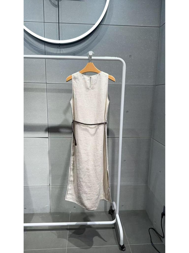2025 Summer Women's Cotton Linen Sleeveless Waist-Hugging Dress