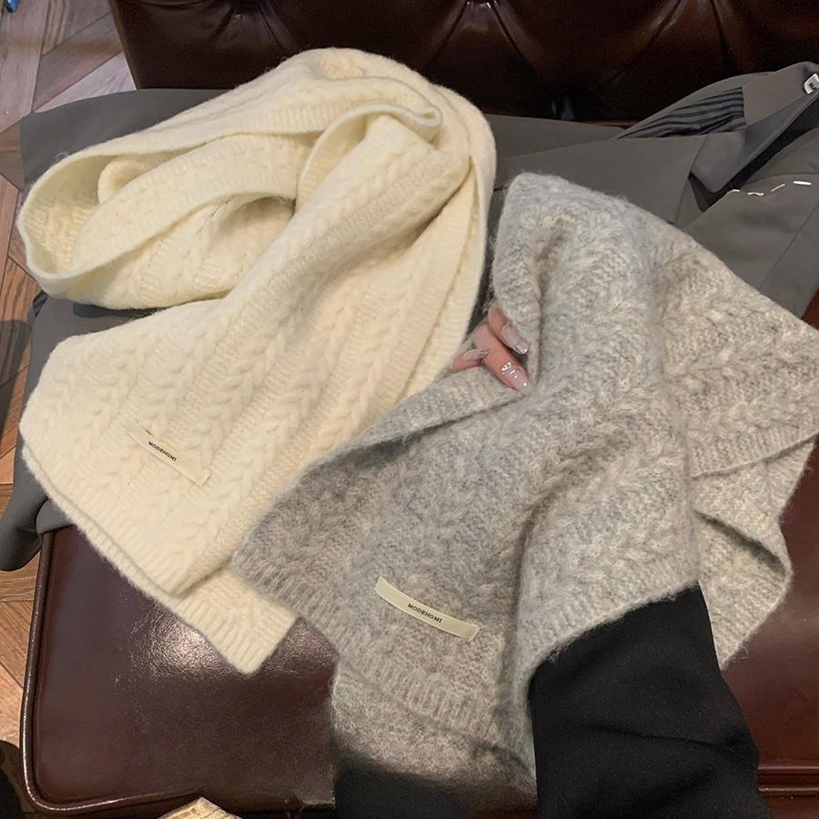 Wool Blend Knitted Soft Thickened Twisted Solid Color Scarf Women Autumn Winter Versatile Couple Neck Wrap