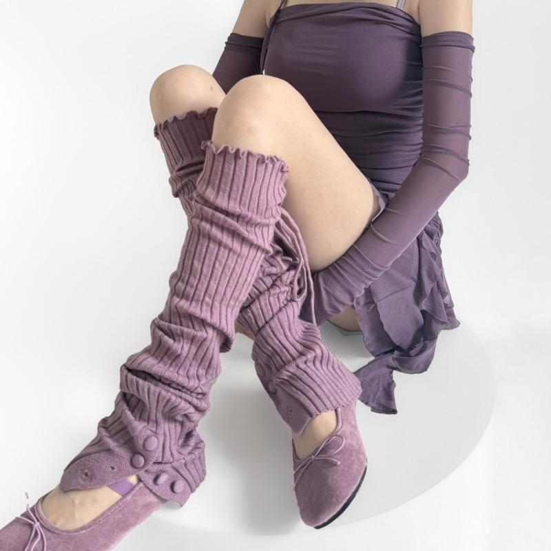 Ribbed Knit Thigh High Footless Long Socks with Button Detail Split Designs Over Knee Leg Warmers for Dance Enthusiasts