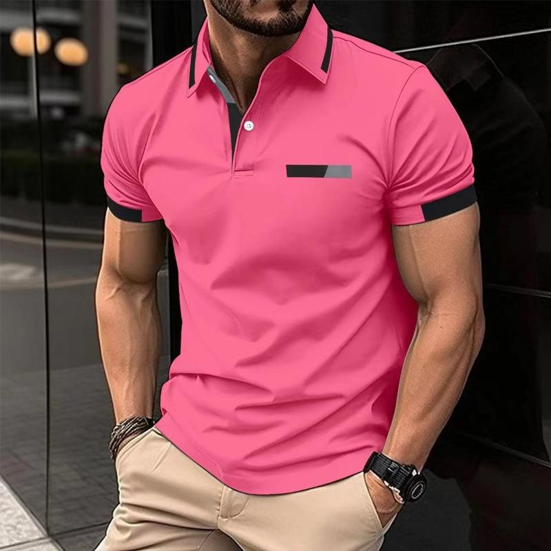 Men s Pink Short Sleeve Polo Shirt Contrast Black Trim Pocket Detail Casual Top S розовый