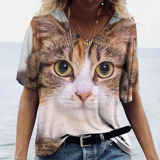Summer V-neck 3D Cat Printed Top Fashionable Casual Short Sleeved Women's T-shirts