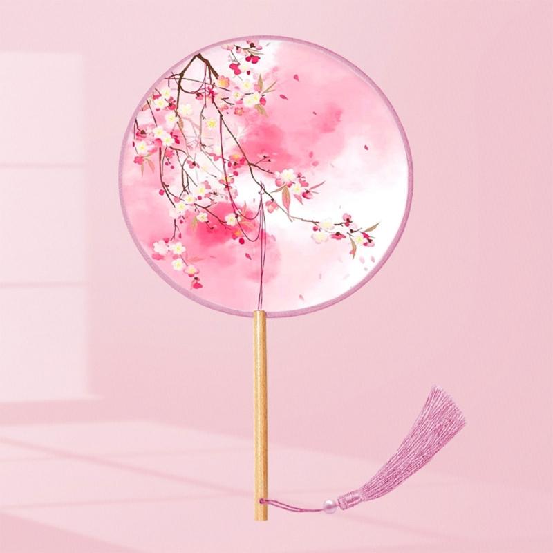 Chinese Fan with Pendant Handhelds Inks Painting Fan Tassels Round Silk Fan