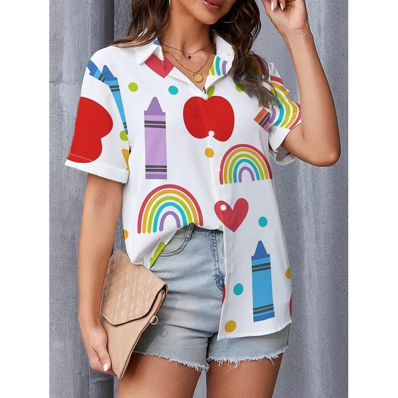 Women's Casual Short Sleeve Shirt Apple Rainbow Heart Colored Crayon Polka Dot Patterns Trendy Button Up Machine Washable Top