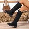 Fashion Pleated Boots Women Faux Suede Flock Knee High Boots 2024 Winter Women Fashion Slip On Square Low Heel Knight Booties Mujer