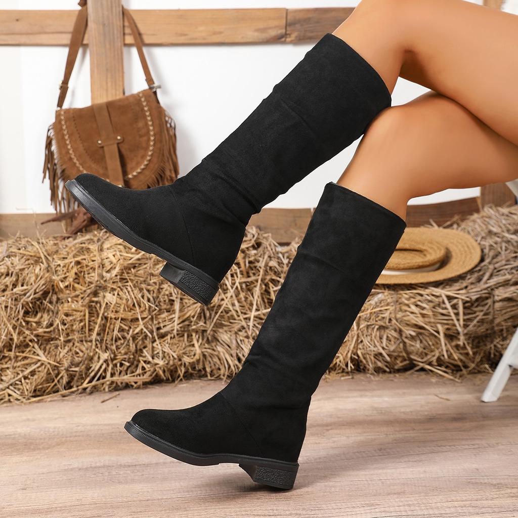 Fashion Pleated Boots Women Faux Suede Flock Knee High Boots 2024 Winter Women Fashion Slip On Square Low Heel Knight Booties Mujer