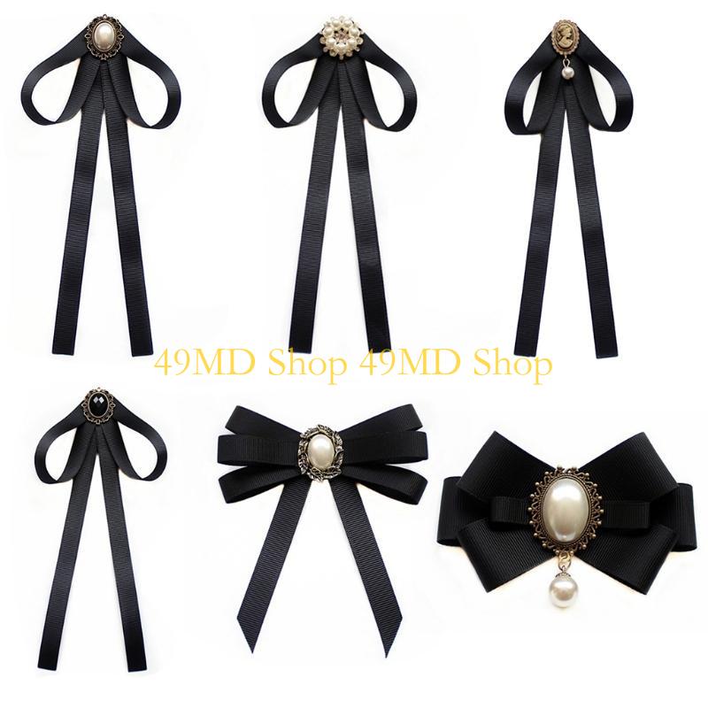 49MD Pearl Ribbon Brooch Pin Bow Tie Vintage Pre-Tied Collar Jewelry Bowknot Necktie