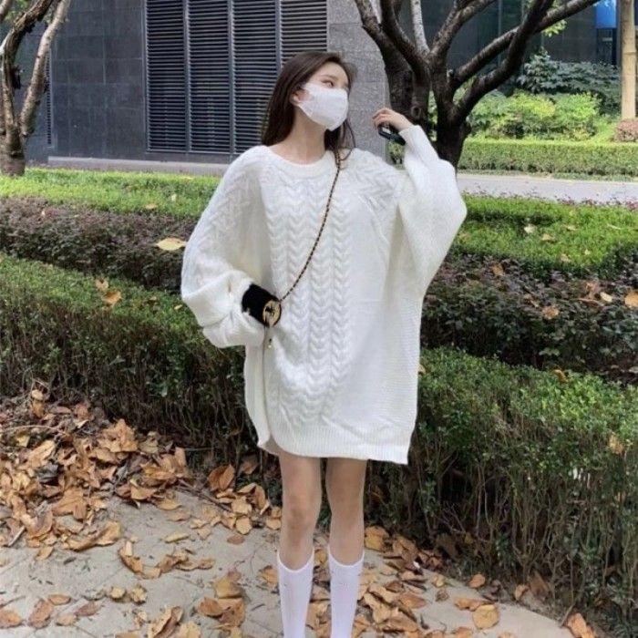 Plus Size Lazy Style Sweater Women's Mid-length Twist Round Neck Sweater Women's Pullover Loose Winter