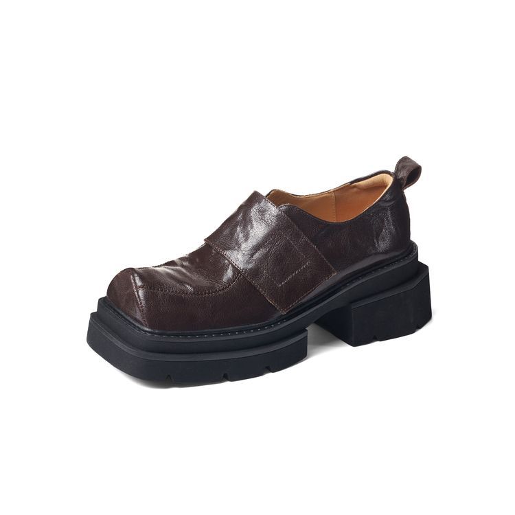 

Лоферы на платформе-маффине из кожи, весна 2025, новый британский стиль, квадратный носок, кожаная обувь на липучках, толстый каблук, одинарная обувь, женская 39 коричневый