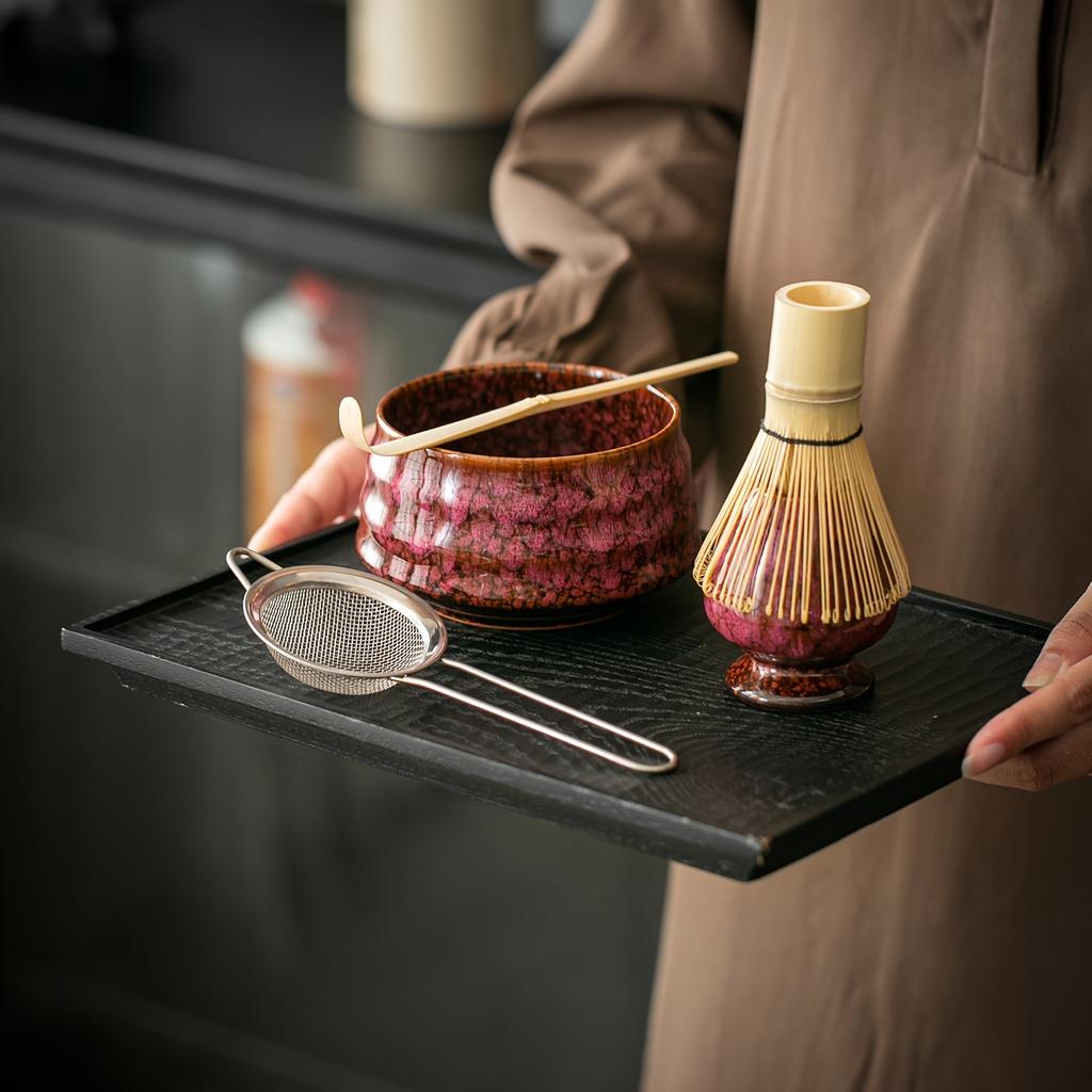 7pcs Set of Kiln-Transformed Glaze Ceramic Matcha Bowl with Tea Spoon, Filter, and Matcha Brush For Matcha Latte Tea Ceremony
