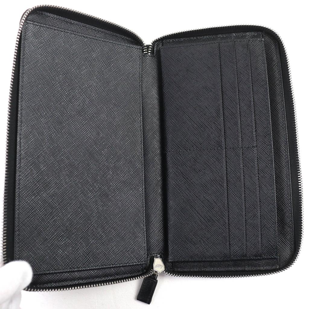 Great PRADA Triangle Logo Round Zip Long Wallet Black Safiano Leather 2ML188 Used