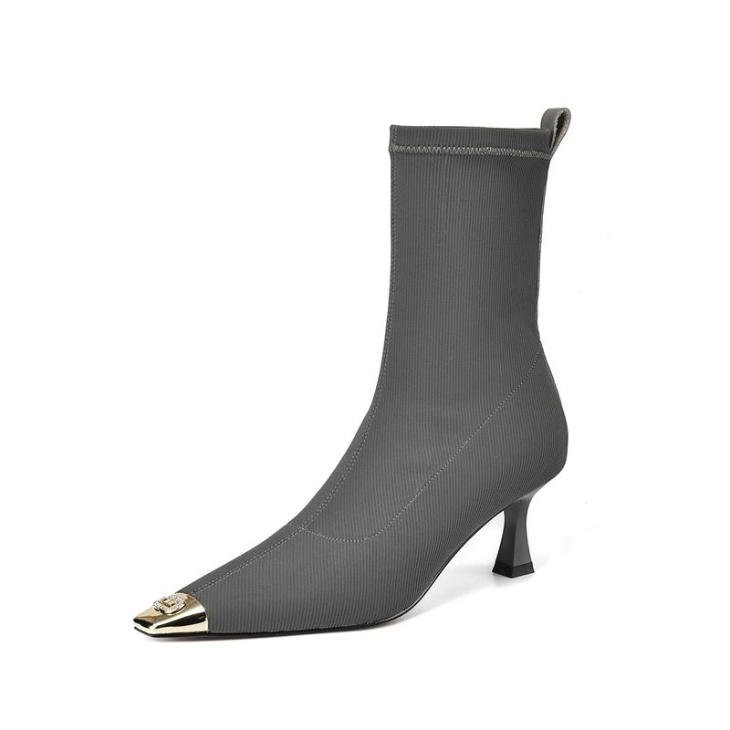 Fashion Women's new autumn and winter metal rhinestone square toe high-heeled oversized calf comfortable breathable elastic short boots